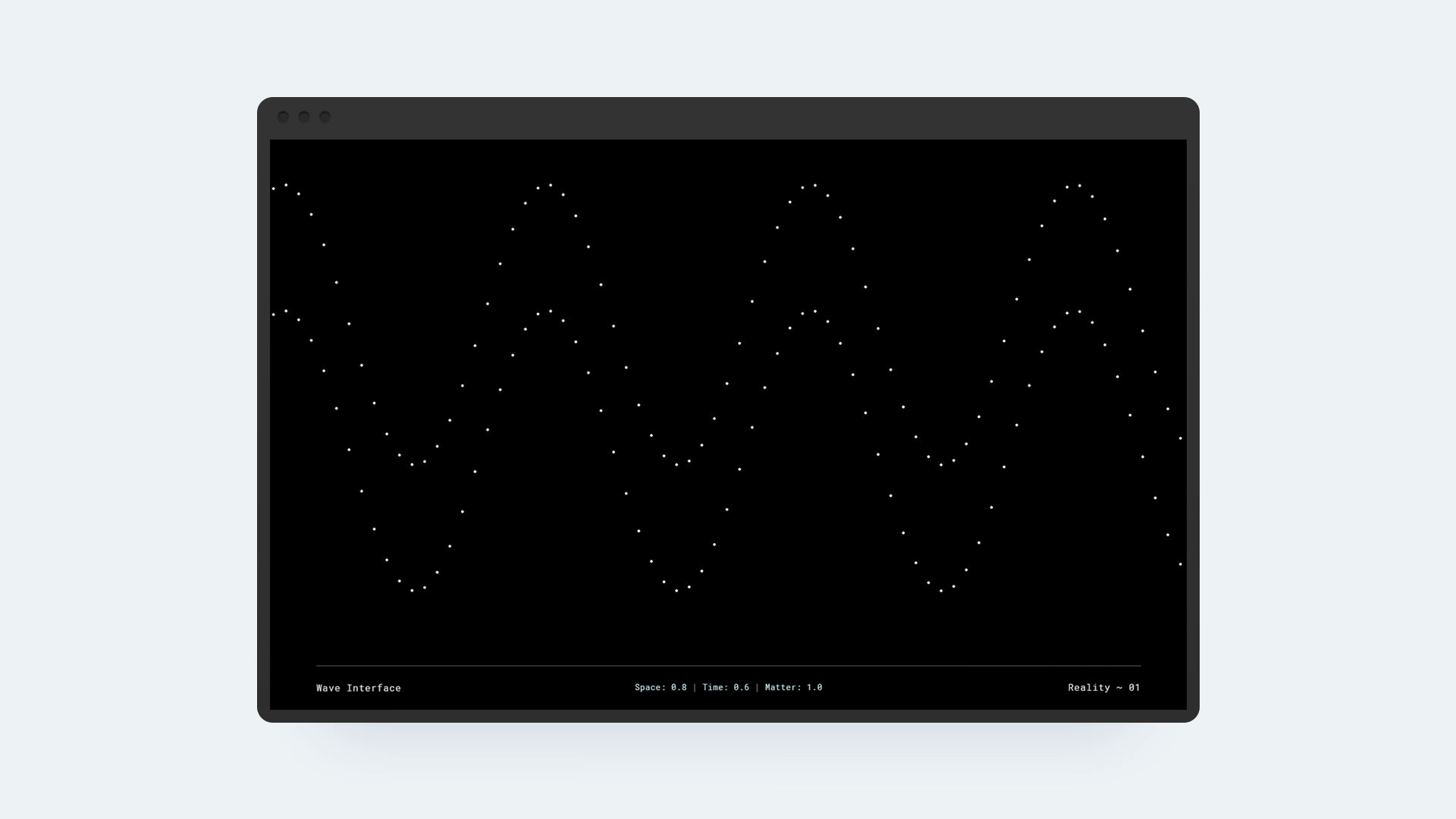 Browser window mockup with Wave Interface showing two sine waves with highest amplitude and frequency, and all footer values maxed out to 1.0.