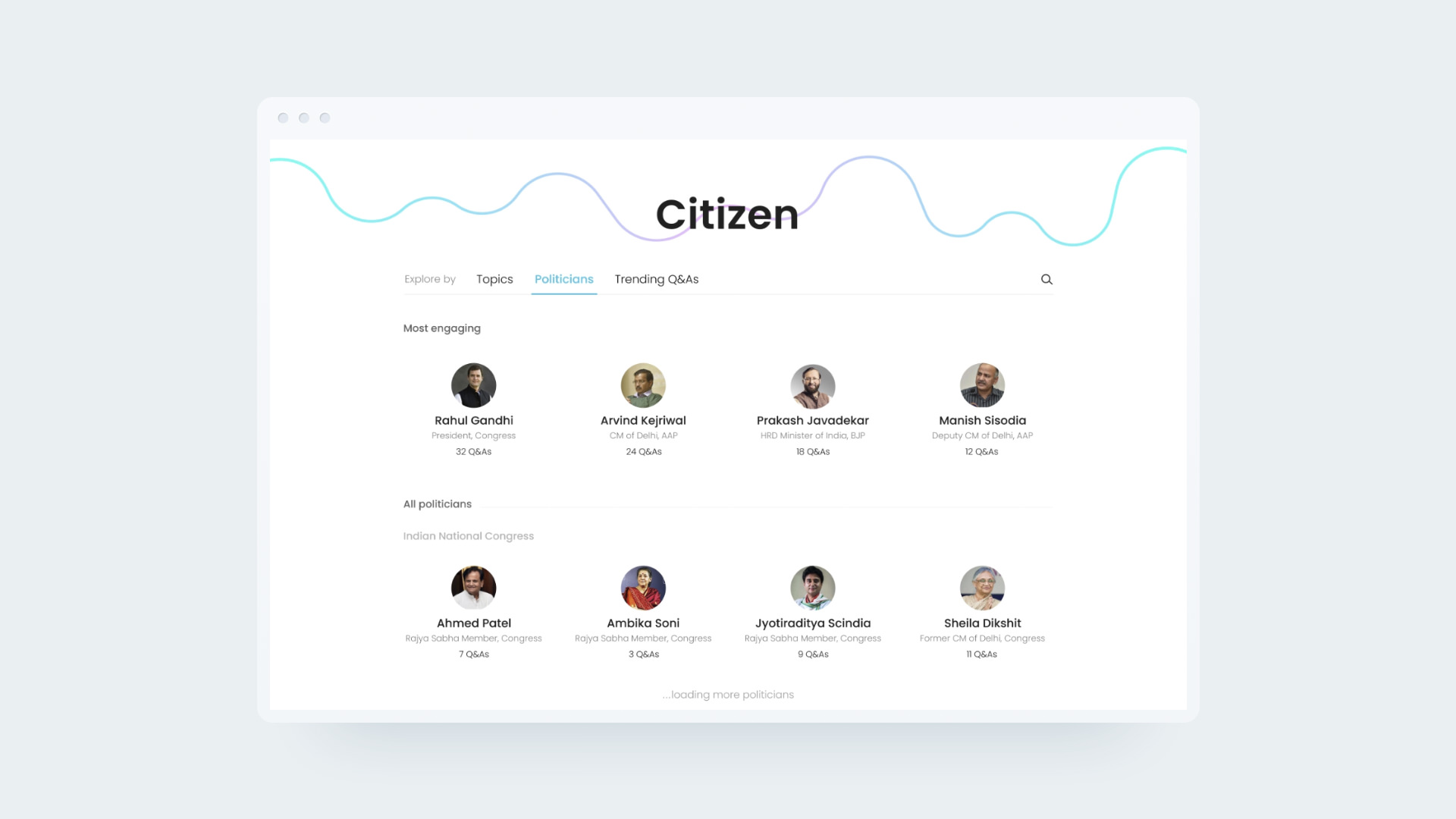 Website's 'Explore by' screen with Politicians Tab highlighted.
