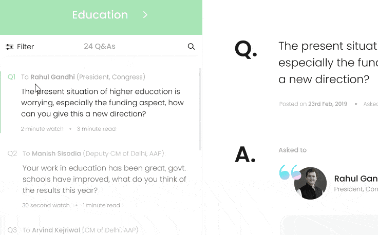 GIF showing expanded view of filter box presented in the left panel of the 'Education' topic screen.