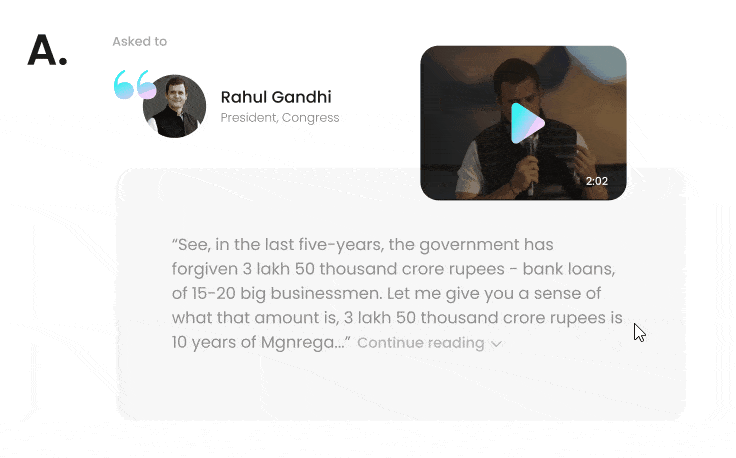 GIF showing the underlined term “MNREGA” in the transcribed answer, which opens a pop-up called the Citizen Dictionary explaining the term.