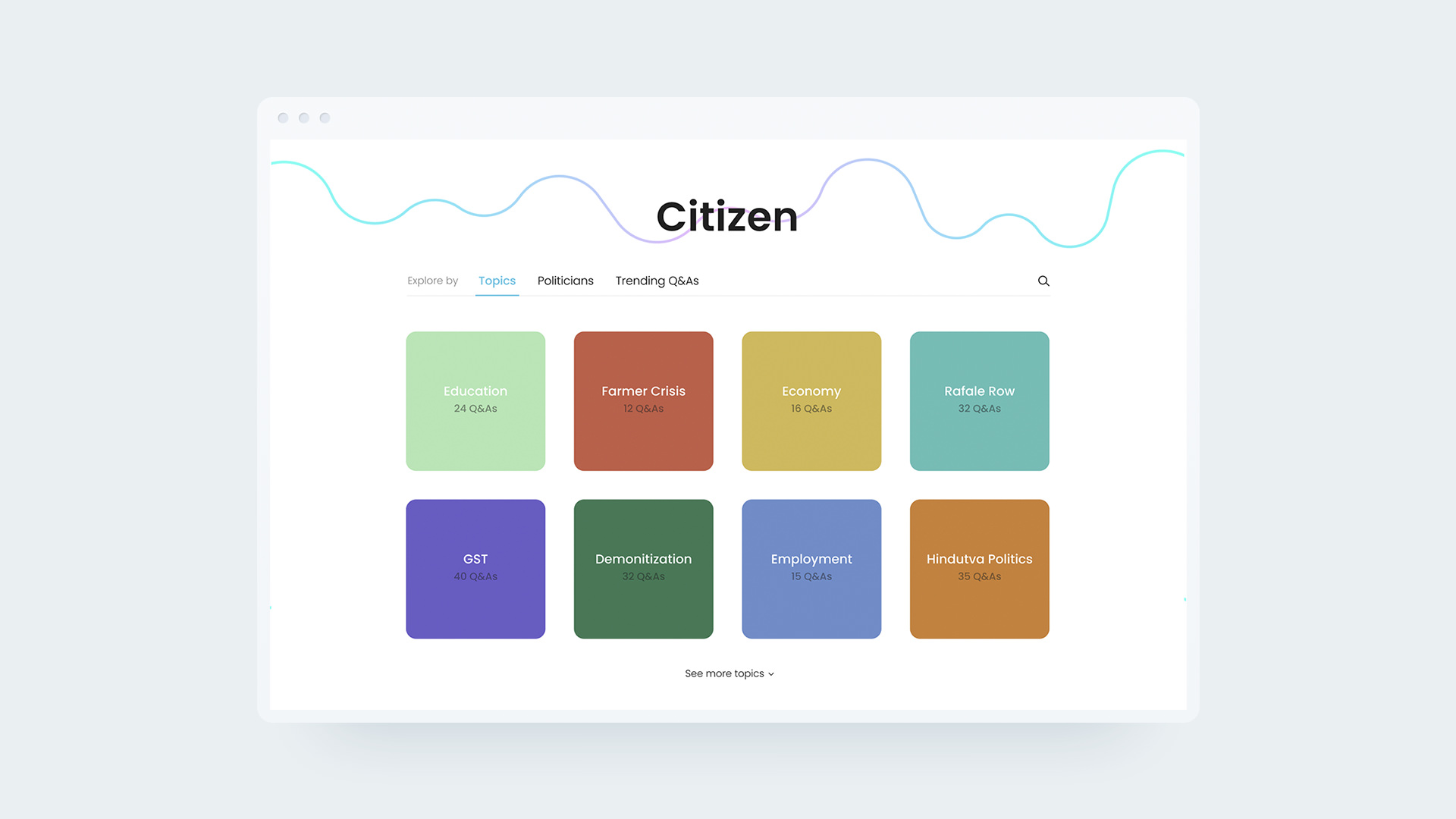 Website's 'Explore by' screen with Topics Tab highlighted.