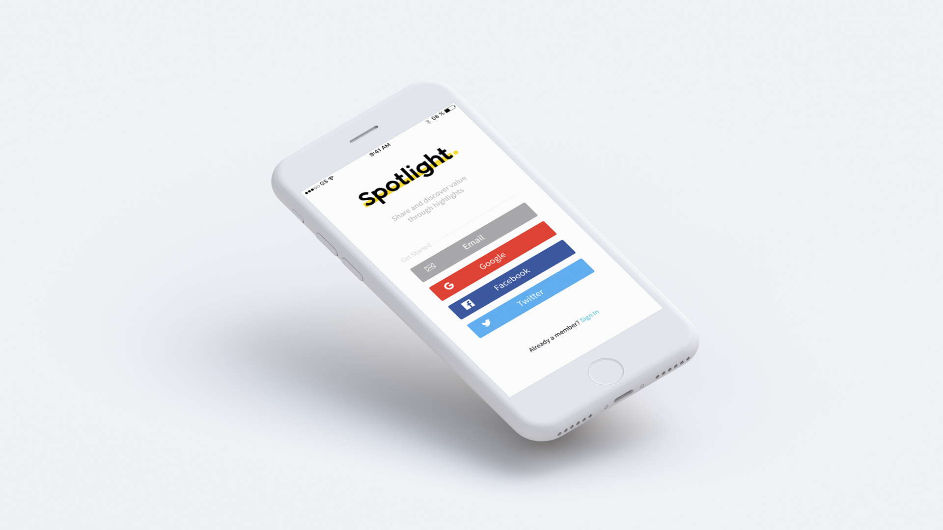 Angled iPhone mockup displaying Spotlight sign-in screen with social login buttons.