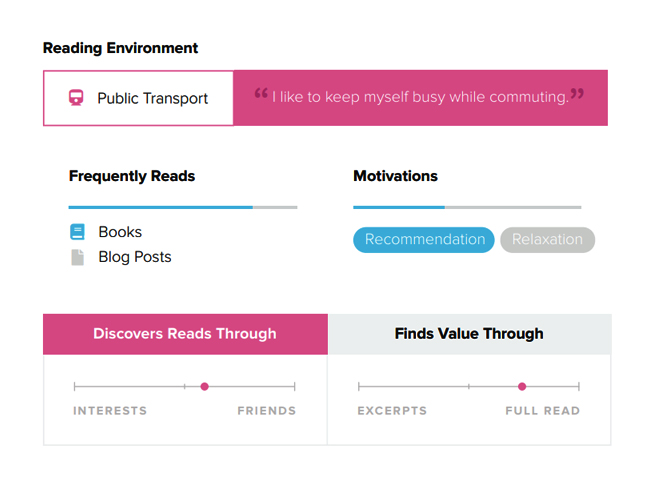 User persona with 'Public Transport' as the reading environment and charts showing frequently read items, motivations, discovery and value metrics.