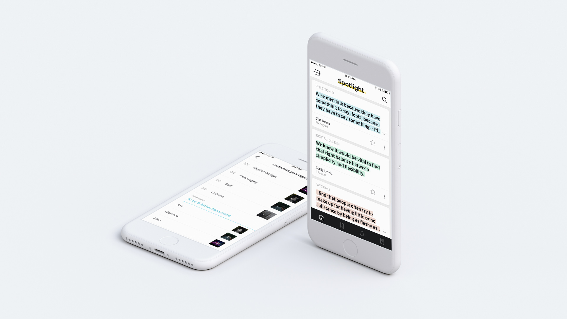 Two iPhone mockups on a pale background showing Spotlight app home/feed and customize topics screen.