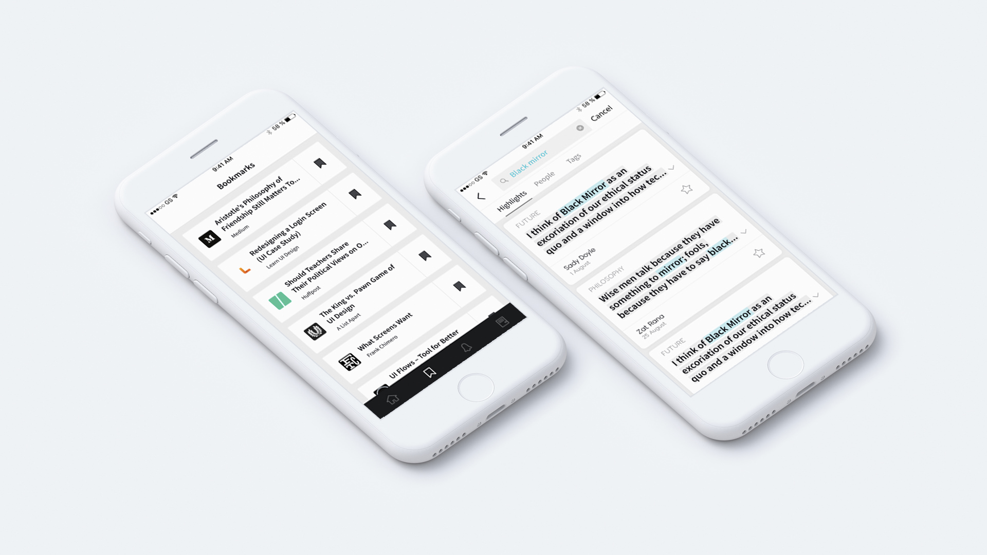 Two iPhone mockups angled on desktop surface showing bookmarks and highlight search screens in Spotlight.