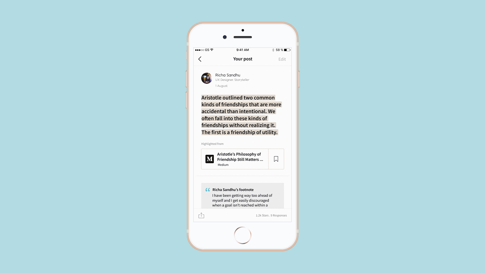 iPhone mockup centered on pale teal background showing a highlighted paragraph in the Spotlight app.