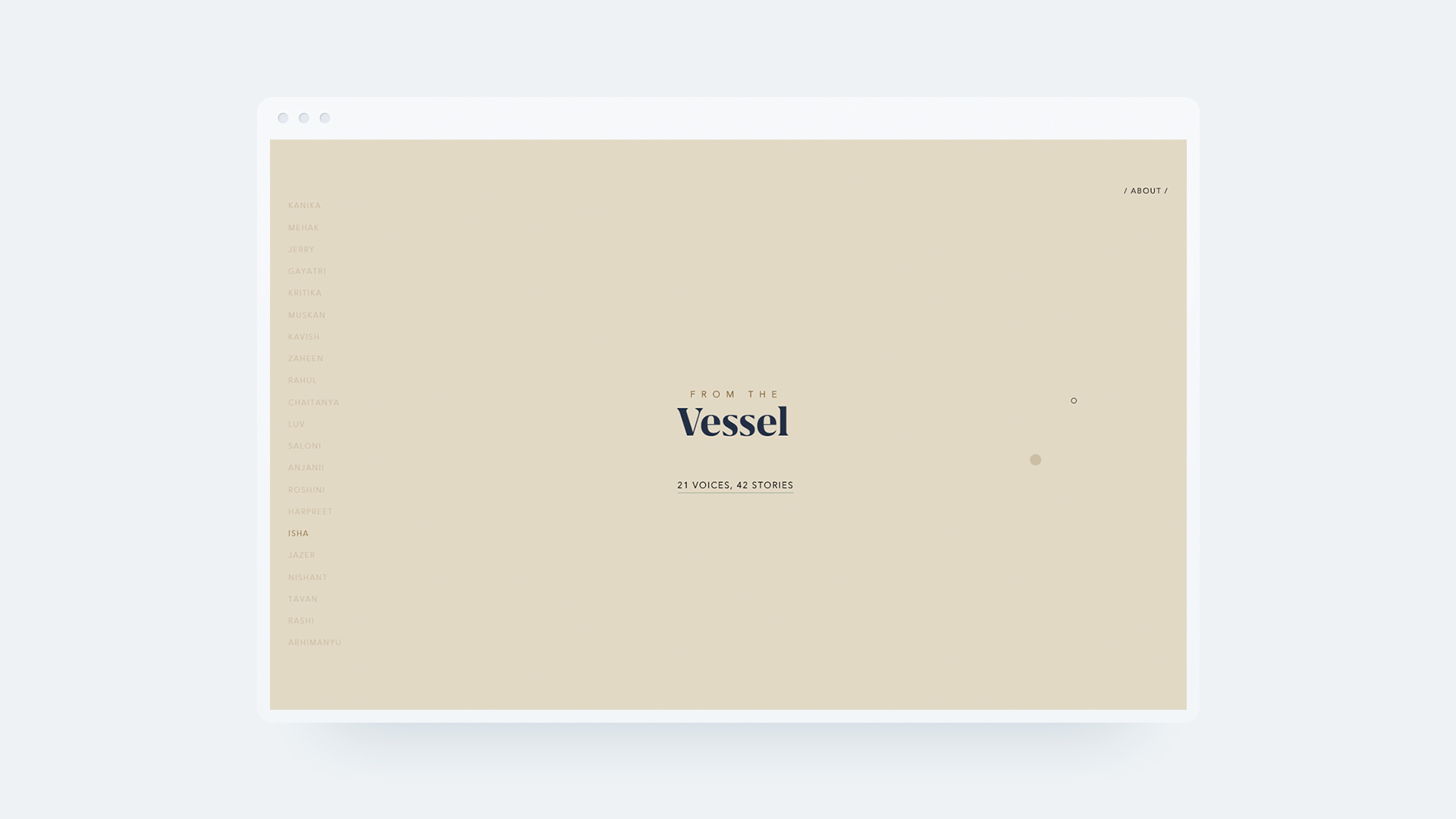 Browser window mockup with 'Vessel' title centered and a minimal name list (left-side) on a beige canvas.
