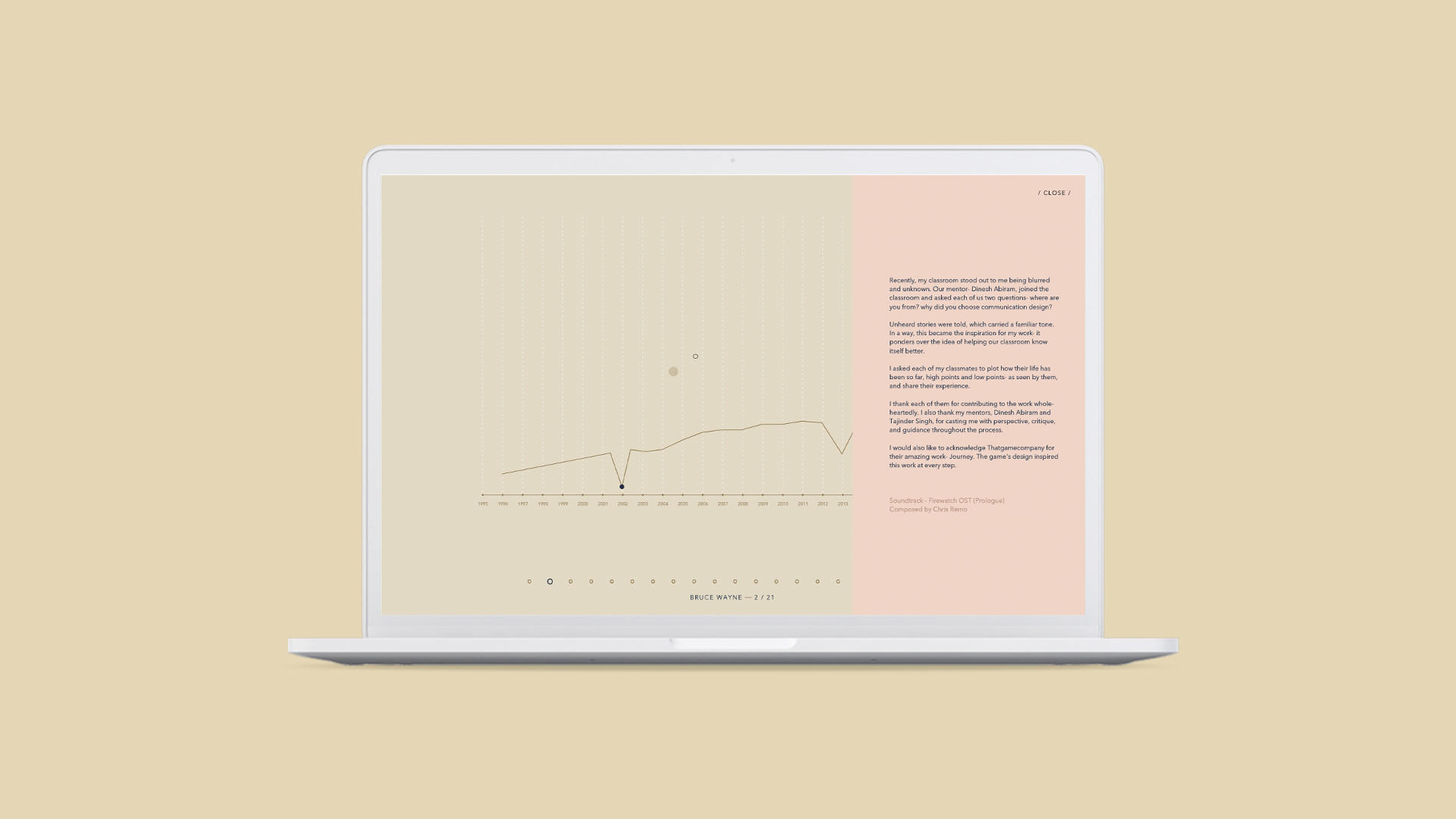 Laptop mockup centered on a pale beige page showing a plotted life-timeline graph and 'About' panel on the right.